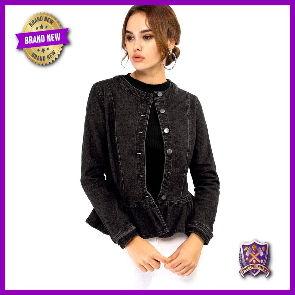 Peplum Denim Jacket Cropped Ruffle Hem Collarless Button Down Chic Casual